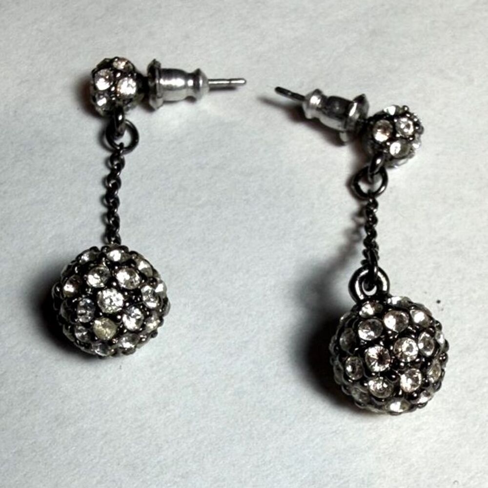 Vintage Silver Black Crystal Ball Drop Earrings Dangle Elegant Feminine Boho - Picture 2 of 6